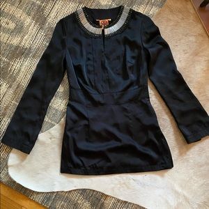 Tory Burch black silk satin embellished Aline fitted tunic sz 0